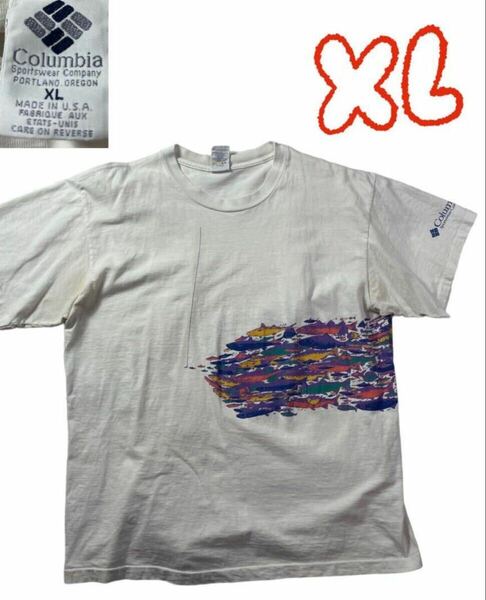 vtg USA製　白タグコロンビア　フィッシユ　パネルプリントtシャツXLホワイトSWS0016wn6