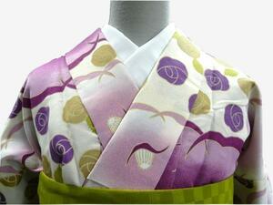ヒロミチ ナカノ 洗える着物 袷 Ｌ ベージュ 紫 花 399