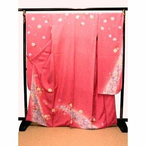 中古 振袖 正絹 試着品 ピンク 桜ぼかし グレー 紫 金駒刺繍 着丈162.5cm 裄68cm 仕立上り 052 送料無料