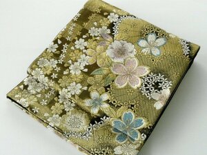 【中古】正絹袋帯 仕立上り 金 市松模様 桜 018