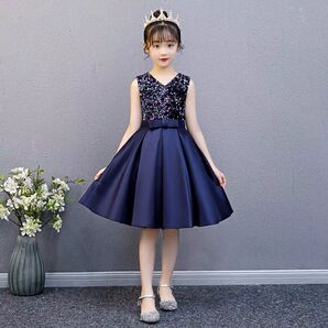発表会 ワンピース キラキラ ネイビー 膝上 上品 キッズ ドレス 結婚式 おしゃれ 韓国