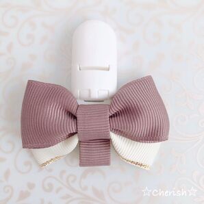 ☆リボン名札クリップ なふだちゃん ココア×ホワイトゴールドラインリボン ハンドメイド☆