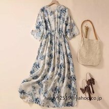 着やせ大人を素敵に見せる花柄プリント麻綿混ワンピース半袖レディースワンピース 50代 60代 ファッション ゆったり カジュアル 薄手 M通勤_画像3