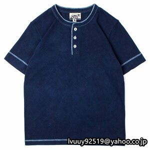 高品質 ハンドメイド 藍染 天然藍 Tシャツ ワークシャツ メンズ スリム フィット インディゴ 濃紺 コットン100% アメカジ S~2XL