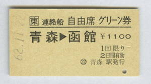 JR東日本　青函連絡船　連絡船自由席グリーン券　青森→函館　昭和62年