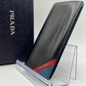 1円《稀少カラー》PRADA プラダ バイカラー 長財布 二つ折り財布 サフィアーノレザー 本革 黒 ブラック ビジネス メンズ