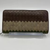 1円《稀少カラー》BOTTEGA VENETA ボッテガヴェネタ バイカラー イントレチャート 長財布 ジッピーウォレット ブラウン系 レザー メンズ_画像2