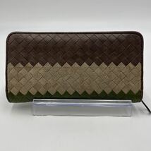 1円《稀少カラー》BOTTEGA VENETA ボッテガヴェネタ バイカラー イントレチャート 長財布 ジッピーウォレット ブラウン系 レザー メンズ_画像3