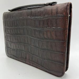 1円《稀少》GIORGIO ARMANI ジョルジオアルマーニ クロコダイル 型押し 長財布 レザー 本革 クラッチバッグ セカンド ブラウン メンズ