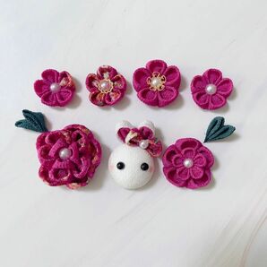 つまみ細工　ちりめん細工　パーツ　お花　うさぎ　紫セット　116 ハンドメイド