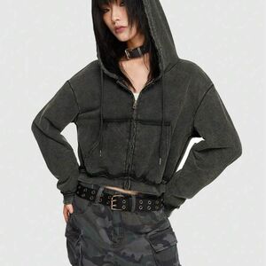 SHEIN ROMWE Grunge Punk ジッパーアップ ドローストリング パーカー