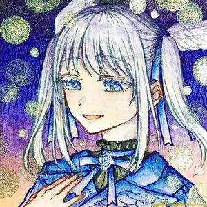 【額付き】手描きイラスト オリジナル 原画 創作 天使 青 夜 女の子