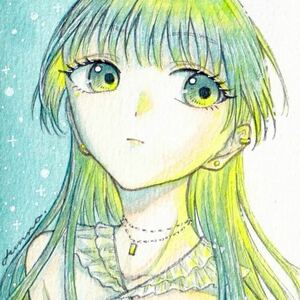 手描きイラスト オリジナル 創作 原画 ATCサイズ 緑 青 黄色 女の子 水彩