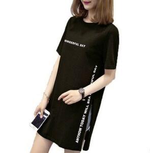 ☆【006400L】ワンポイントロゴ フェイクTシャツ ワンピース風 ブラック