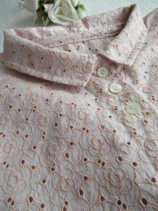 :::ハンドメイド　cotton rose刺繍　チビエリシャツ　チュニック丈　 :::