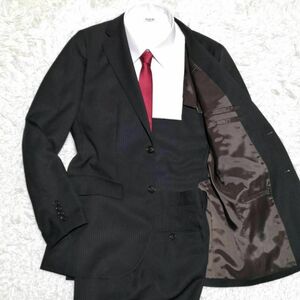 極美品 L パーフェクトスーツファクトリー 背抜き スーツ 黒 ストライプ 春夏 Perfect Suit FActory セットアップ ブラック スラックス