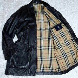 美品 5L バーバリー レザー コート 黒 ノバチェック 56 アウター 4XL BURBERRY 本革 ジャケット ブラック ノヴァチェック スプリング 春