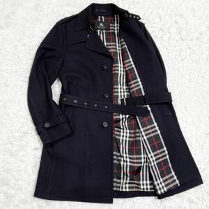 美品 L バーバリーブラックレーベル ウール シングル トレンチ コート 黒 ノバチェック BURBERRY BLACK LABEL 羊毛 ベルト ノヴァチェック