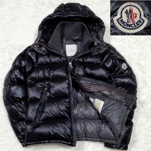 極美品 S モンクレール ジン ダウン ジャケット 黒 ワッペン ロゴ パッチ MONCLER ZIN ニット襟 フード アニメタグ ブラック ワンポイント