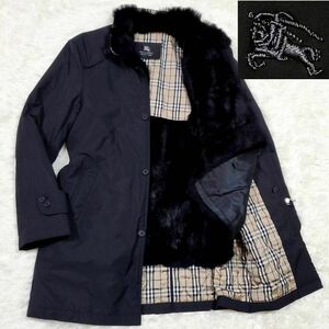 極美品 L バーバリーブラックレーベル コート 黒 ラビット ファー ライナー 中綿 キルティング ノバチェック BURBERRY BLACK LABEL 毛皮