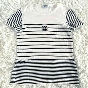 【入手困難☆40サイズ】シャネル CHANEL サマーニット 半袖Tシャツ ココマーク ボーダートップス レディース ヴィンテージ アーカイブ