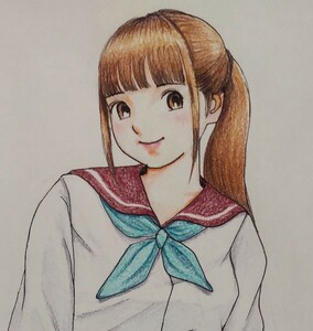 手描きイラスト 原画 オリジナル セーラー服 手描き 色鉛筆画