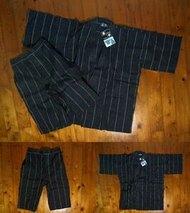 ♥♥* unused *THREEGUN* jinbei *jin-bey* mobile with pocket cotton & flax .... setup M dark blue stripe ♥♥