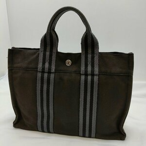 【大黒屋82】HERMES エルメス フールトゥトート PM グレー ブラック キャンバス トートバッグ ハンドバッグ サイド破れ有り 返品交換不可