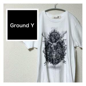 【GroundY】 笹田靖人デザインプリント半袖Tシャツ カットソー コットン 白T ヨウジヤマモト yohji yamamoto コラボ