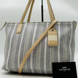 1円～【入手困難品】 定価10万円 コーチ COACH トートバッグ ビジネスバッグ ショルダーバッグ 2way レザー メンズ レディース ストライプ