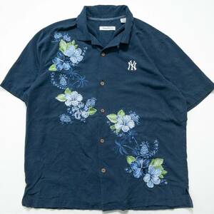 古着 00s トミーバハマ MLB ハイビスカス 花 New York Yankees シルクシャツ トップス メンズL ネイビー