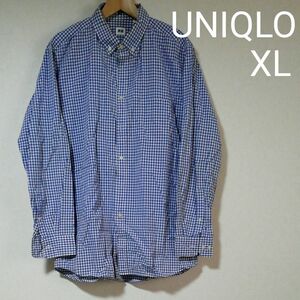 【春セール／USED良品】シャツ　ユニクロ　UNIQLO　長袖　XL　ギンガムチェック　ブルー　ボタンダウン