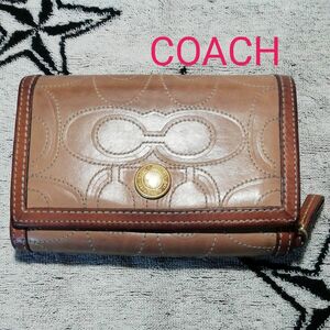 【春セール／USED】二つ折り財布　コーチ　COACH　シグネチャーステッチ　レザー　ブラウン