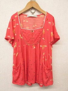 k6622: сделано в Японии!cherir la femme( Sherry черновой .m) шерсть 100% короткий рукав футболка M cut and sewn / блуза розовый / лента /./ радуга :35