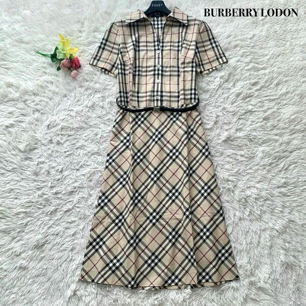 【美品】BURBERRY LODON バーバリーロンドン ロング丈 ワンピース ノバチェック 切替 ベルト M