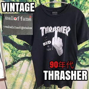 希少 デザイン 90s 90年代 ビンテージ THRASHER スラッシャー 黒 ビッグプリント スケボー 半袖Tシャツ Tシャツ バンド 音楽