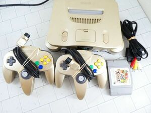 NINTENDO64 ニンテンドー64 ゴールドバージョン 同色コントローラー2台 ソフト付 動作確認済 目立つ汚れ無く良好 説明文必読願います！　m