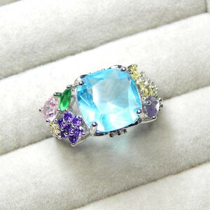 新品★送料無料 最高級の逸品 11号 約6.37ct マルチカラーCZダイヤモンドリング お花 シルバー925 プラチナ仕上 ジルコニア レディース