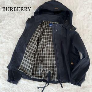 BURBERRY BLUE LABEL ナイロンジャケット スプリングコート マウンテンパーカー ノバチェック フード取り外し可 2Way 紺 38