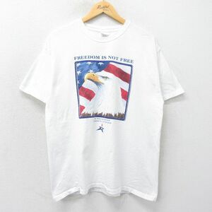 L/古着 ヘインズ 半袖 ビンテージ Tシャツ メンズ 00s 鳥 星条旗 コットン クルーネック 白 ホワイト 24mar30 中古