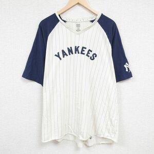 XL/古着 マジェスティック 半袖 Tシャツ メンズ MLB ニューヨークヤンキース ツートンカラー 大きいサイズ ラグラン Vネック 白他 ホワイト