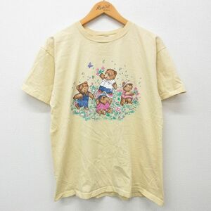 L/古着 ベーシックエディションズ 半袖 ビンテージ Tシャツ メンズ 90s クマ 花 コットン クルーネック 黄 イエロー 24apr01 中古