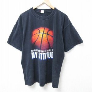 XL/古着 半袖 ビンテージ Tシャツ メンズ 00s バスケットボール 大きいサイズ コットン クルーネック 黒 ブラック 24apr02 中古