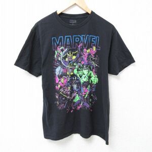 L/古着 半袖 Tシャツ メンズ マーベル スパイダーマン アイアンマン コットン クルーネック 黒 ブラック 24apr02 中古