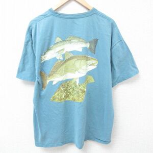 XL/古着 半袖 ビンテージ Tシャツ メンズ 00s 魚 胸ポケット付き 大きいサイズ クルーネック 水色 24apr02 中古