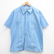 XL/古着 半袖 キューバ シャツ メンズ 90s 刺繍 薄紺 ネイビー 24apr03 中古 トップス_画像1