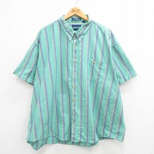 XL/古着 半袖 シャツ メンズ 90s 大きいサイズ コットン ボタンダウン 青緑他 ストライプ 24apr03 中古 トップス