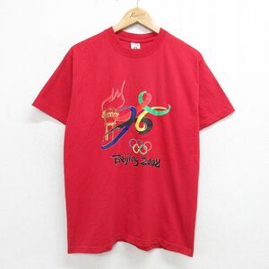 L/古着 半袖 ビンテージ Tシャツ メンズ 00s 北京オリンピック コットン クルーネック 赤 レッド 24apr03 中古