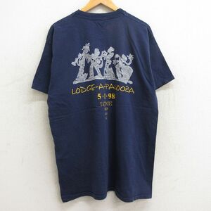 XL/古着 フルーツオブザルーム 半袖 ビンテージ Tシャツ メンズ 90s 民族 LODGE コットン クルーネック 紺 ネイビー 24apr08 中古