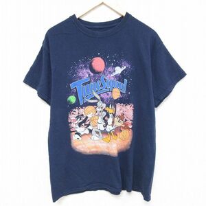 L/古着 半袖 Tシャツ メンズ スペースジャム ルーニーテューンズ LOONEY TUNES バッグスバニー タズ コットン クルーネック 紺 ネイビー 24